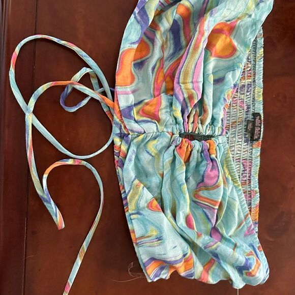 Wild Fable Cropped Halter Bandeau Top Wavy Pattern Multicolor Blue Sz Large New - Picture 2 of 5
